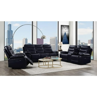 ACME Aashi Leather-Gel Horizontal Tufted Motion Reclining Sofa in Navy