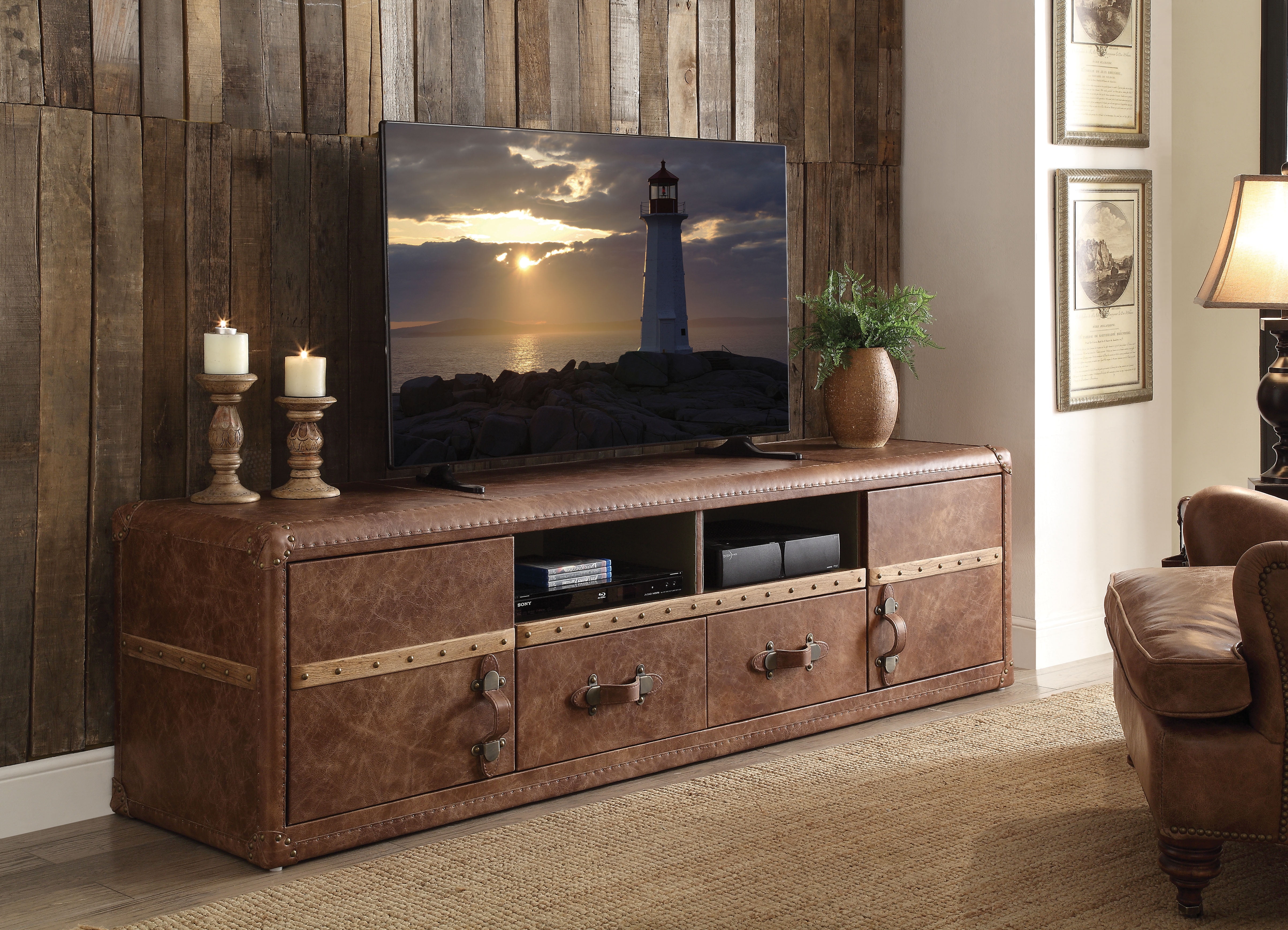 Aberdeen 80'' Retro Brown Leather TV Stand with Storage