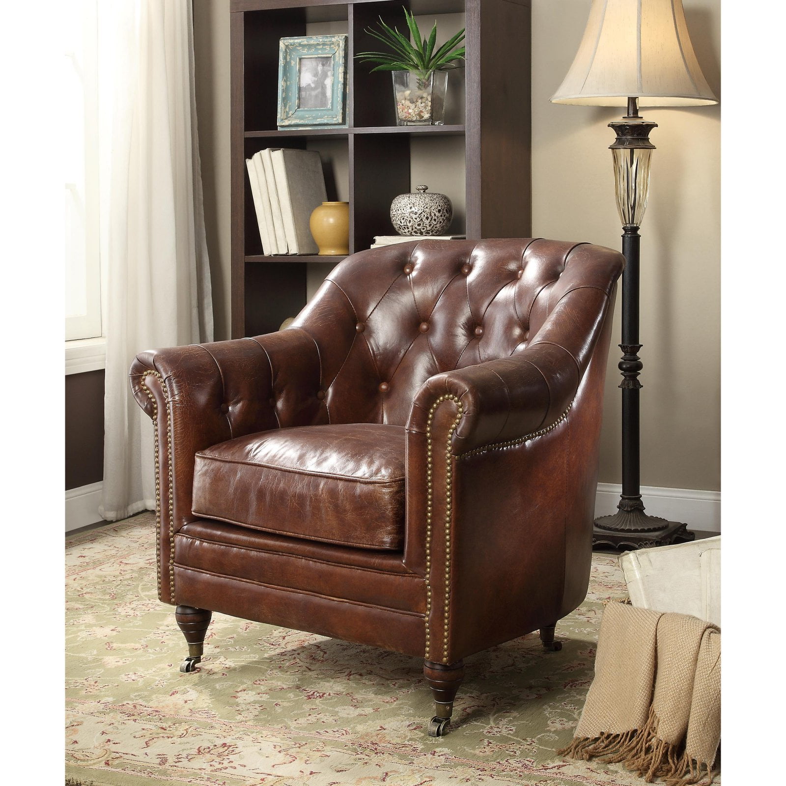 Aberdeen Vintage Dark Brown Leather Accent Chair with Wood Frame