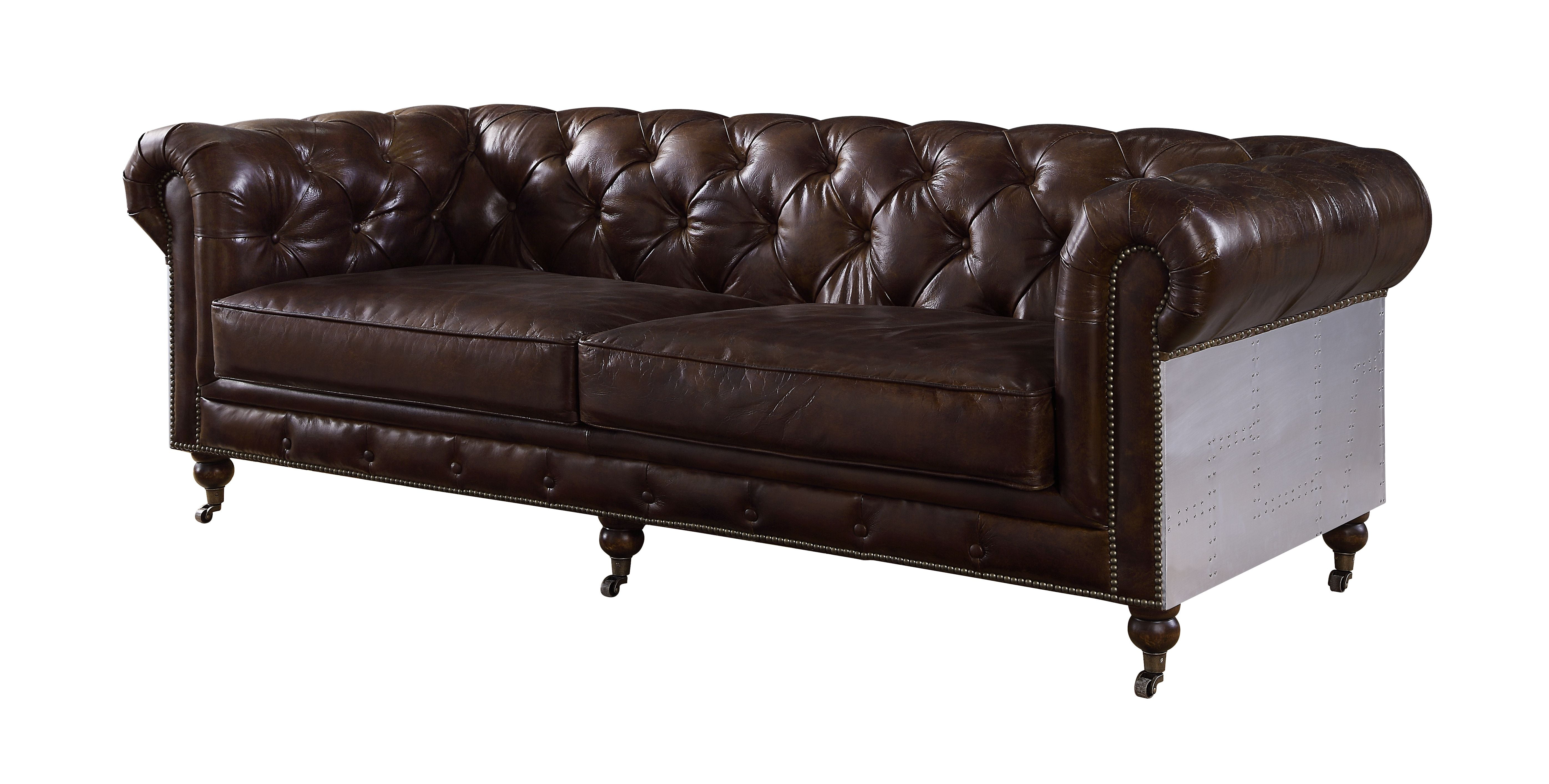 Vintage Brown Genuine Leather Chesterfield Sofa with Nailhead Trim
