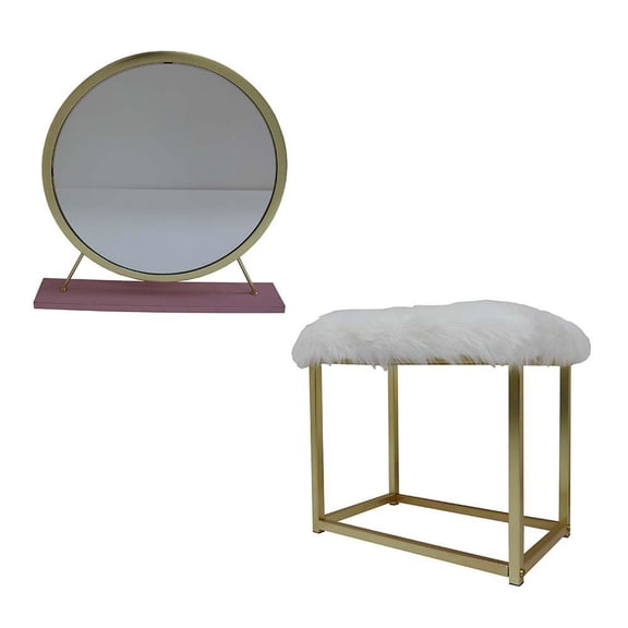 ACME Adao Vanity Mirror & Stool in Faux Fur Mirror Pink & Gold Finish