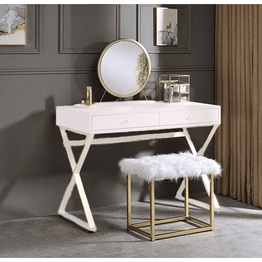Pink and Gold Vanity Mirror with Faux Fur Stool