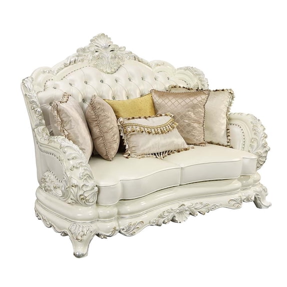 ACME Adara Faux Leather Loveseat with 5 Pillows in White and Antique White