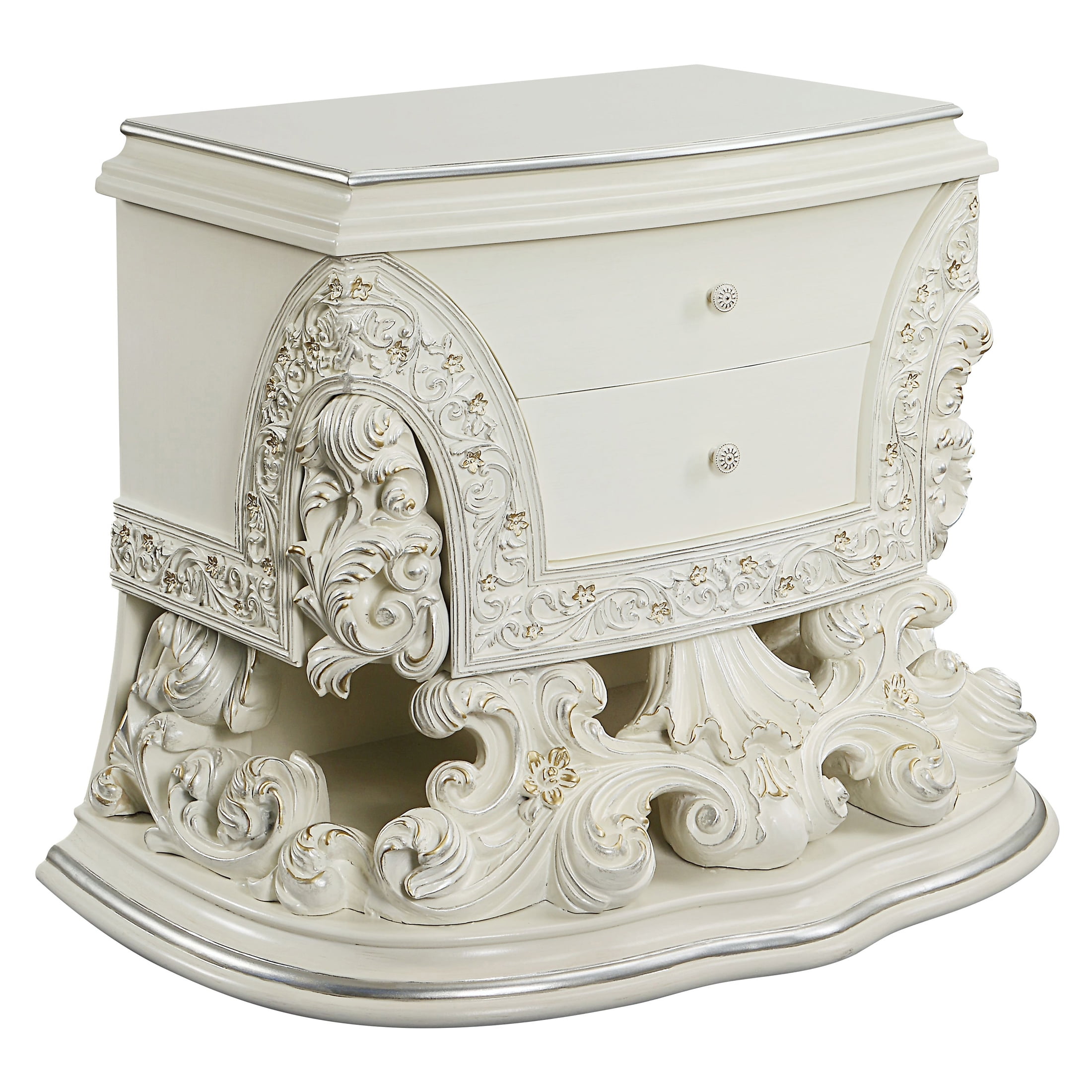 Adara Antique White 2-Drawer Rococo Nightstand