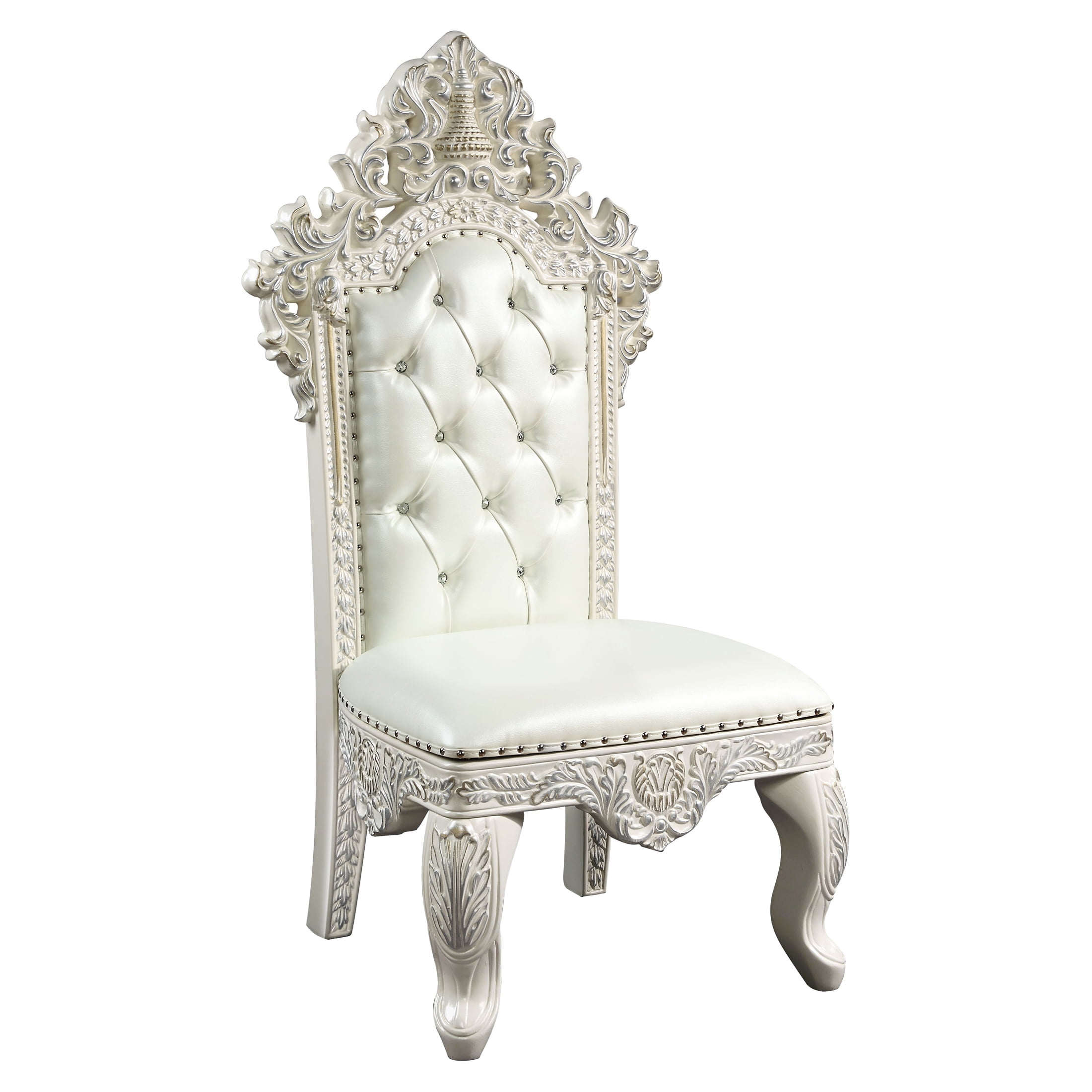 Antique White Tufted Faux Leather Ornate Side Chairs, Set of 2