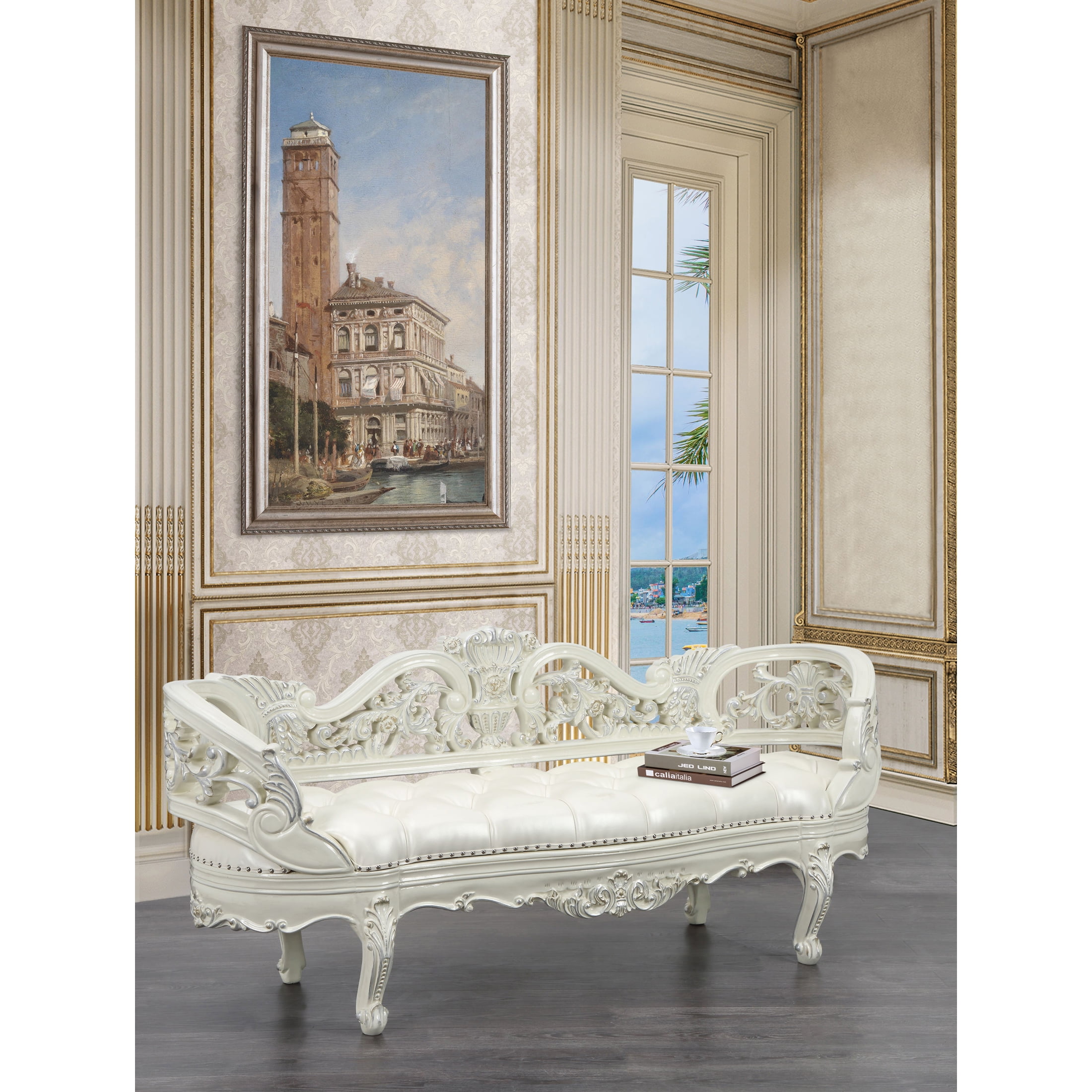 76" Antique White Rococo Style Bench with Storage