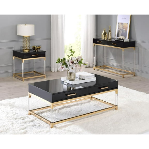 ACME Adiel 2 Drawers Wooden Console Table with Metal Base in Black and Gold