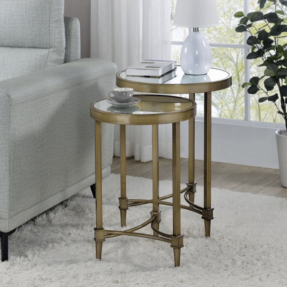 Aditya Round Mirrored Glass and Antique Brass Nesting Tables