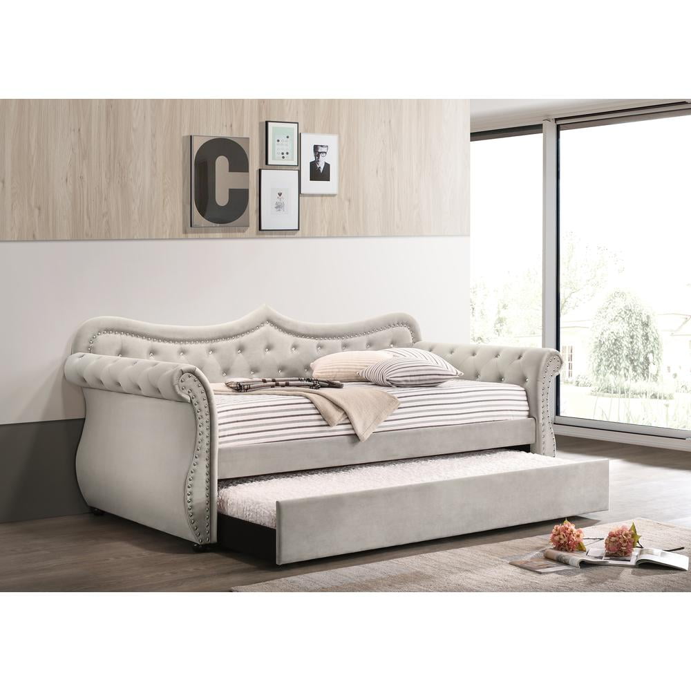 Beige Twin Upholstered Sleigh Daybed with Trundle and Nailhead Trim
