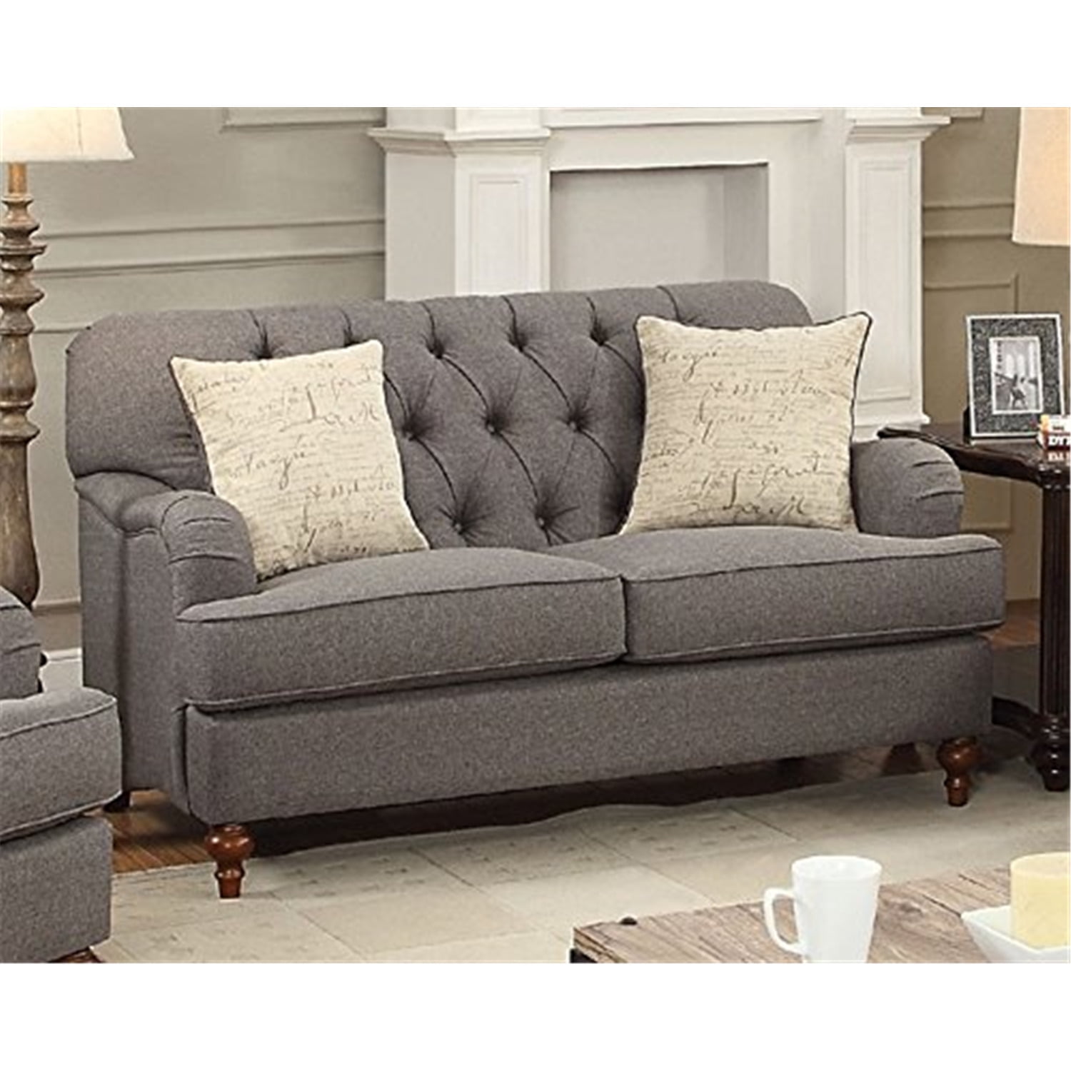 Alianza Dark Gray Linen Tufted Loveseat with Pillows