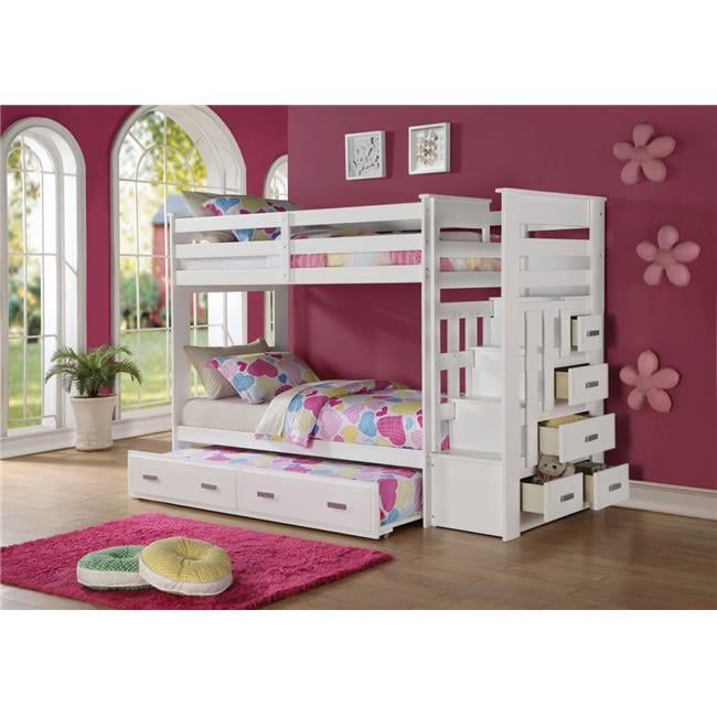 ACME  Allentown Twin & Twin Size Bunk Bed with Storage Ladder & Trundle - White - 4 Piece