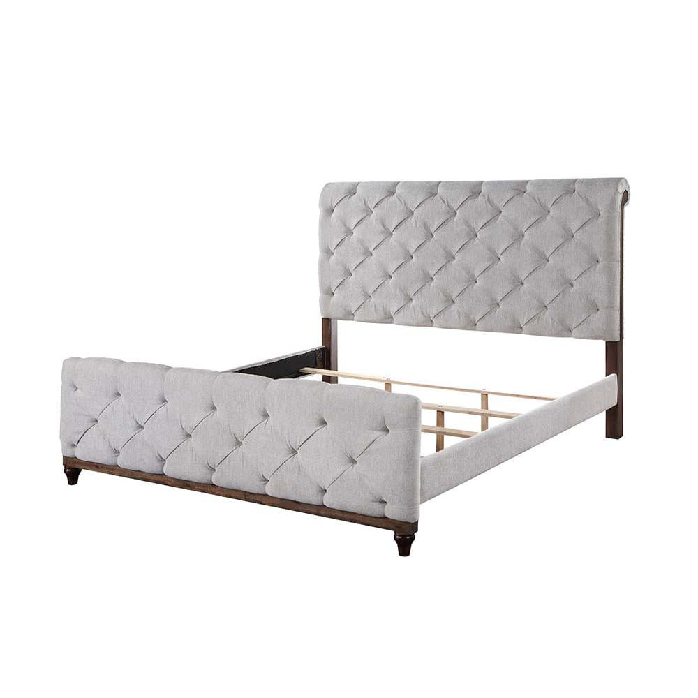 Gray Tufted Upholstered Queen Bed with Faux Leather and Wood Frame