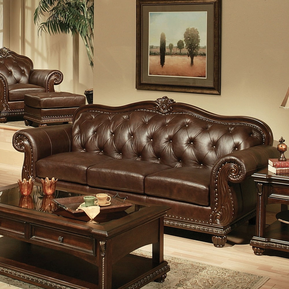Brown Tufted Faux Leather Sofa with Rolled Arms and Nailhead Trim