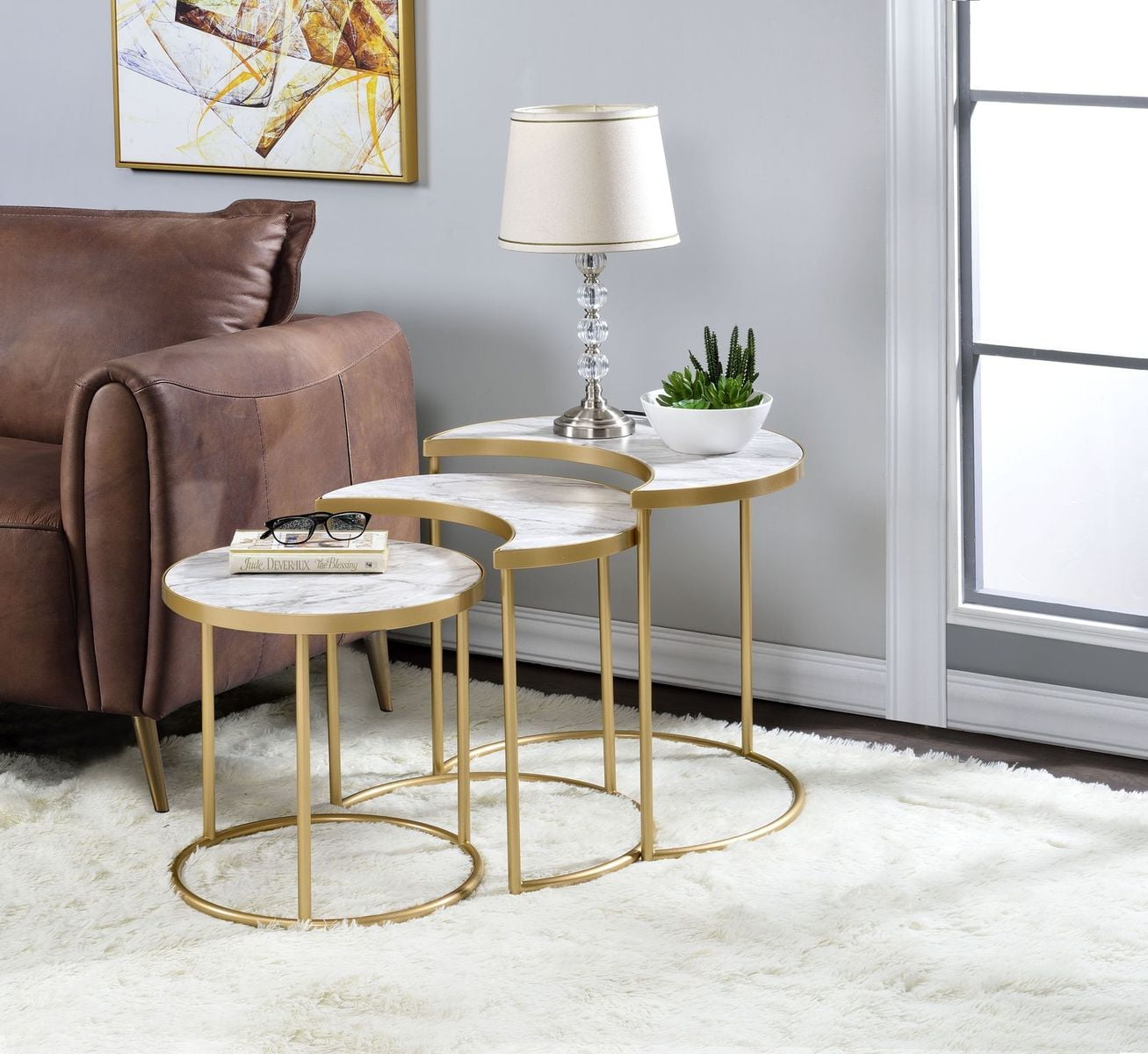 24" Round Wood and Metal Nesting Coffee Table Set