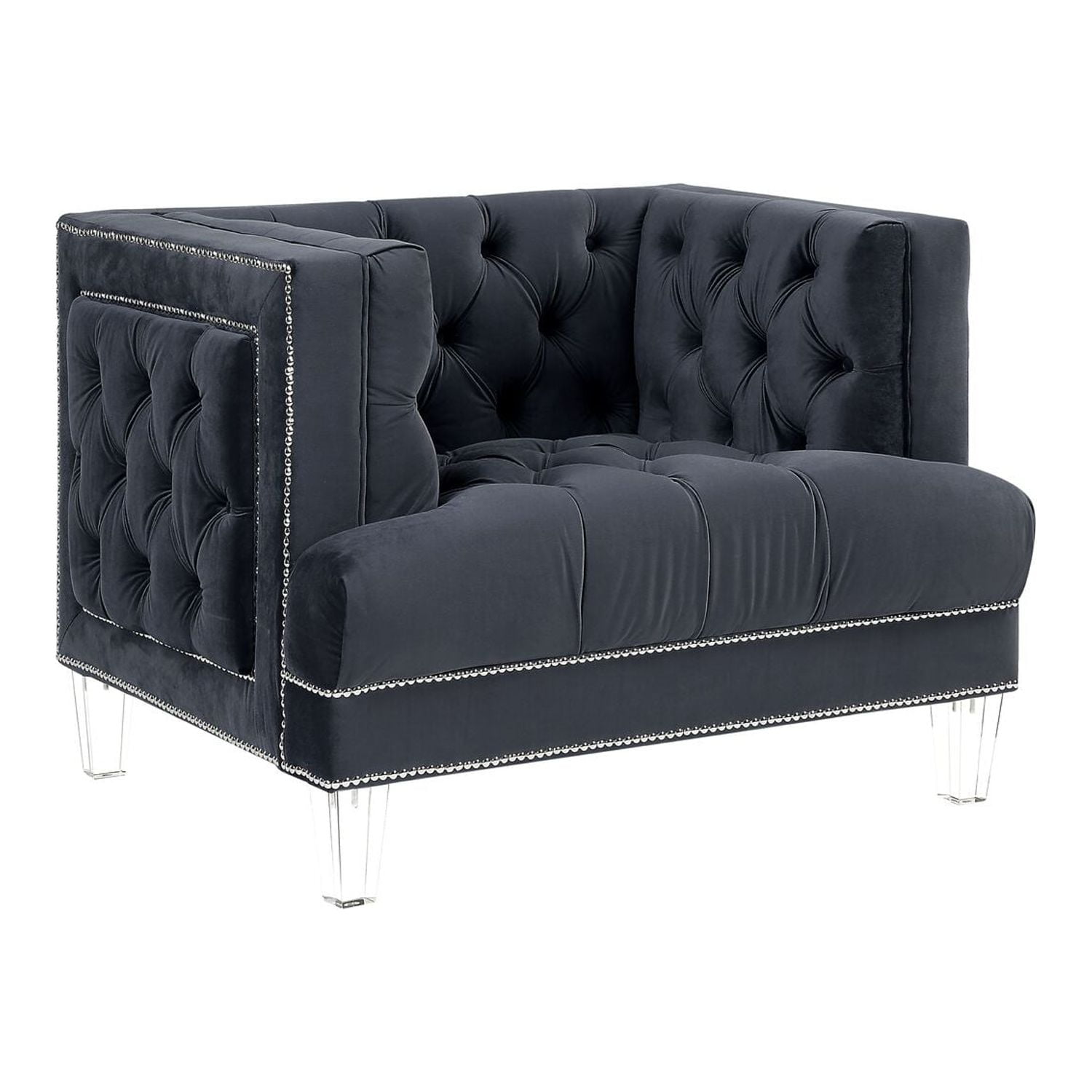 Ansario Charcoal Velvet Tufted Accent Chair with Metal Frame