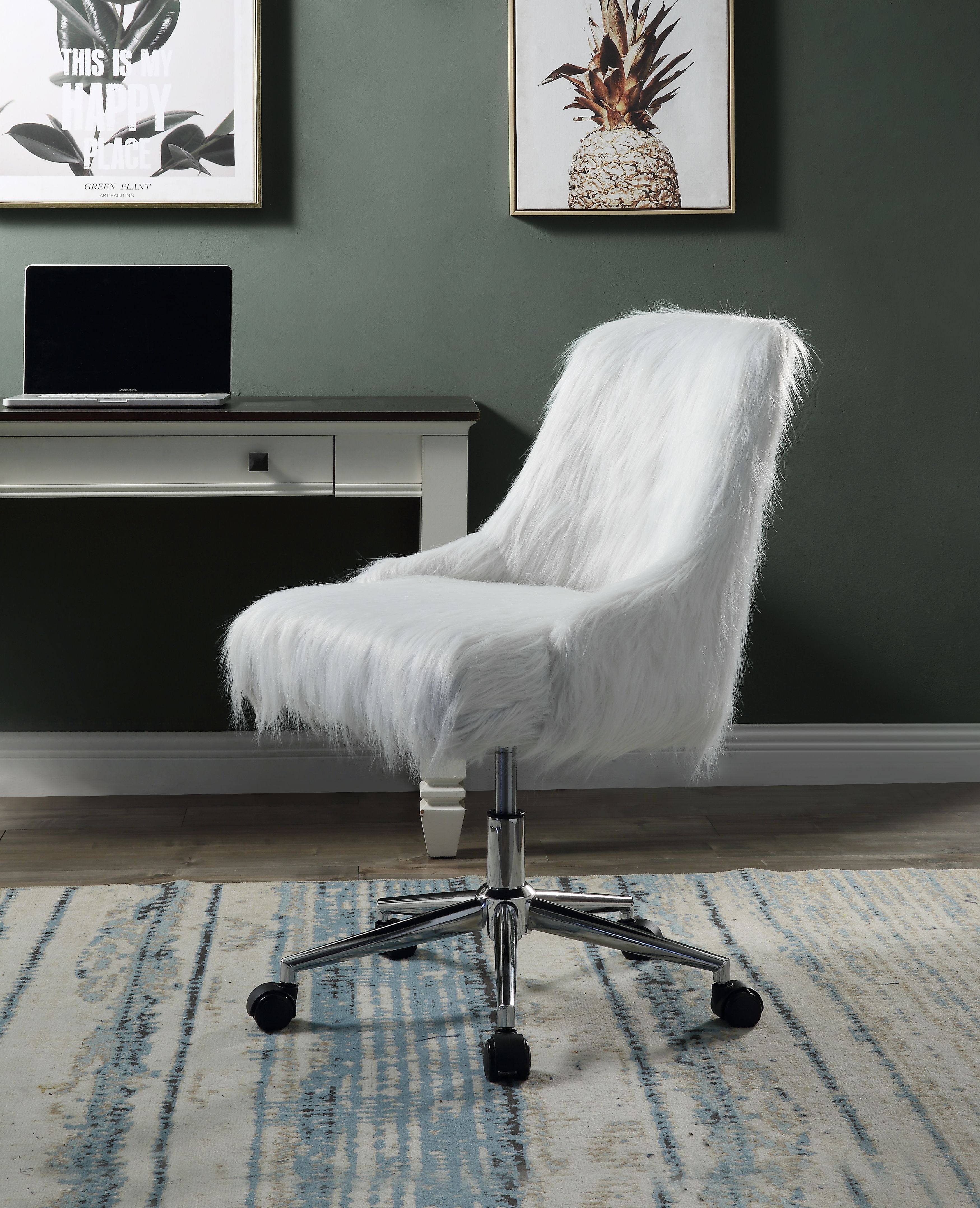 Arundell II Luxurious White Faux Fur & Chrome Swivel Office Chair