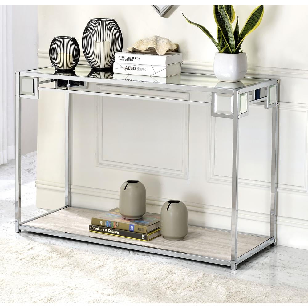 47" Mirrored Glass and Chrome Console Table with Storage