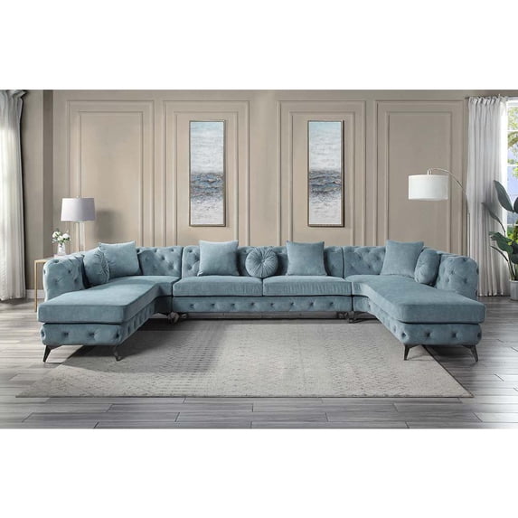 ACME Atronia Sectional Sofa w/7 Pillows, Dusty Blue Fabric