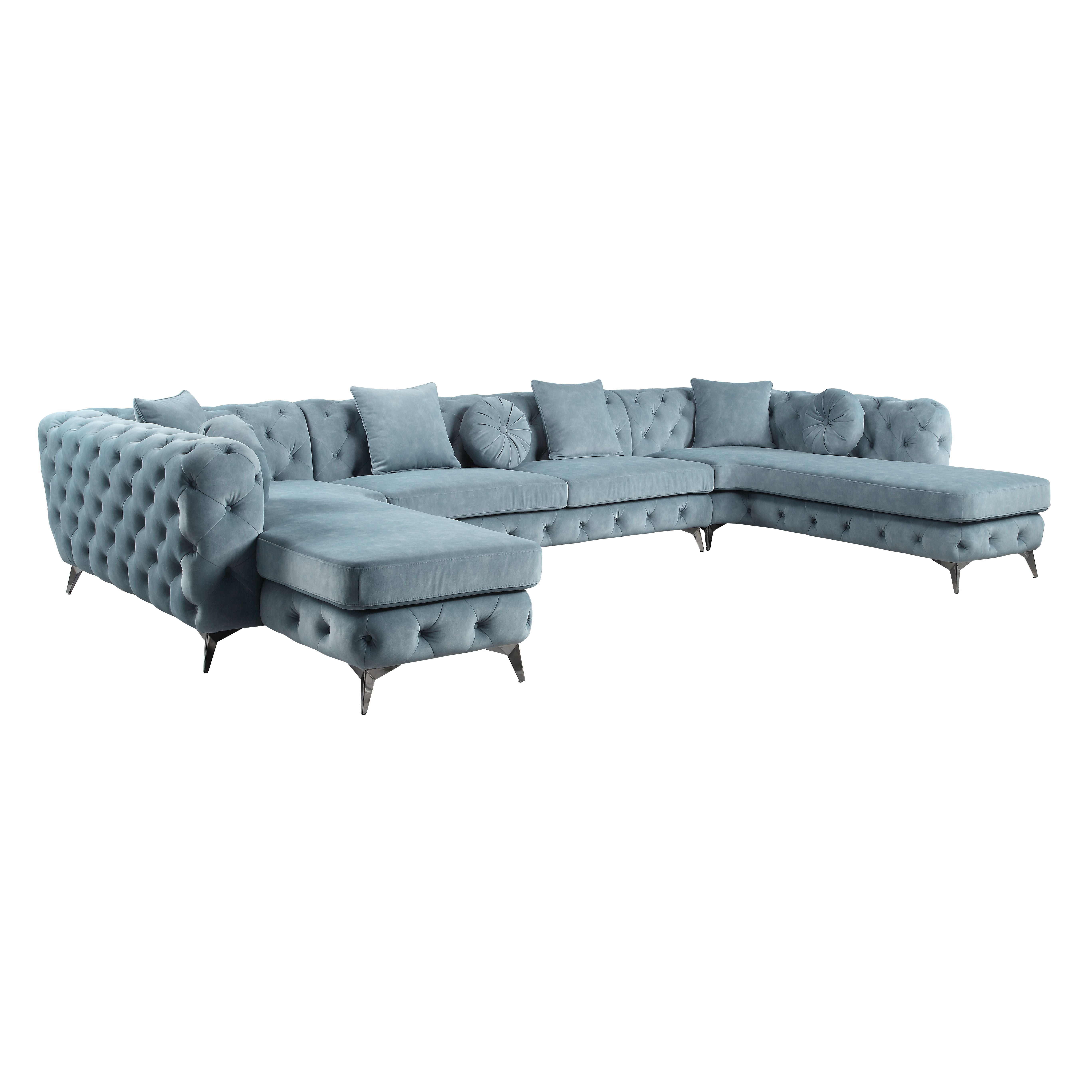 Dusty Blue Fabric Tufted U-Shaped Sectional with Metal Legs