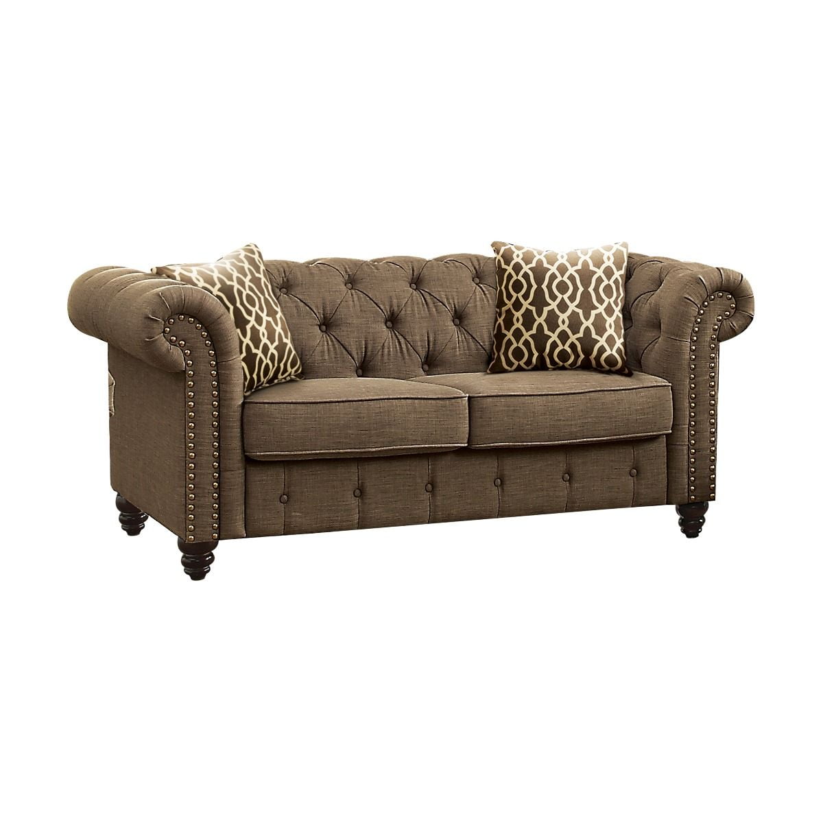 Aurelia Brown Linen Tufted Chesterfield Loveseat with Nailhead Trim