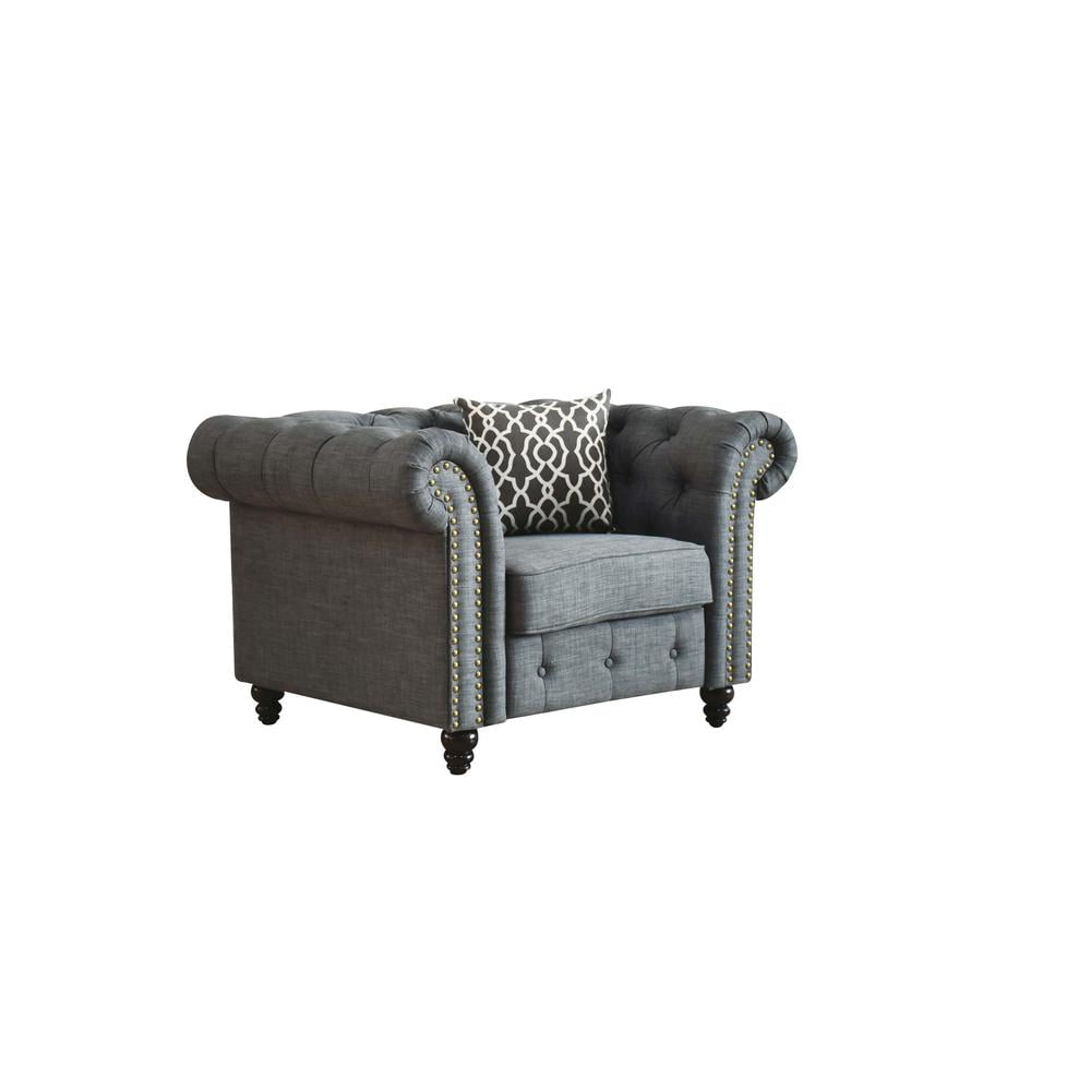 Gray Tufted Leather Accent Chair with Wood Frame