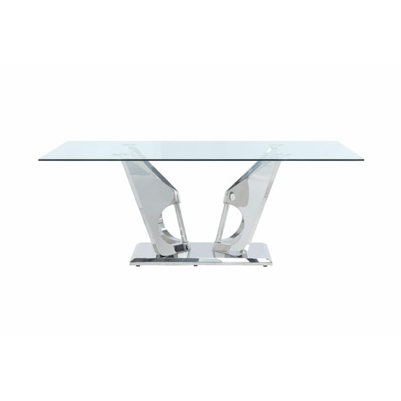 ACME Azriel Dining Table w/Pedestal Base, Clear Glass & Mirrored Silver Finish
