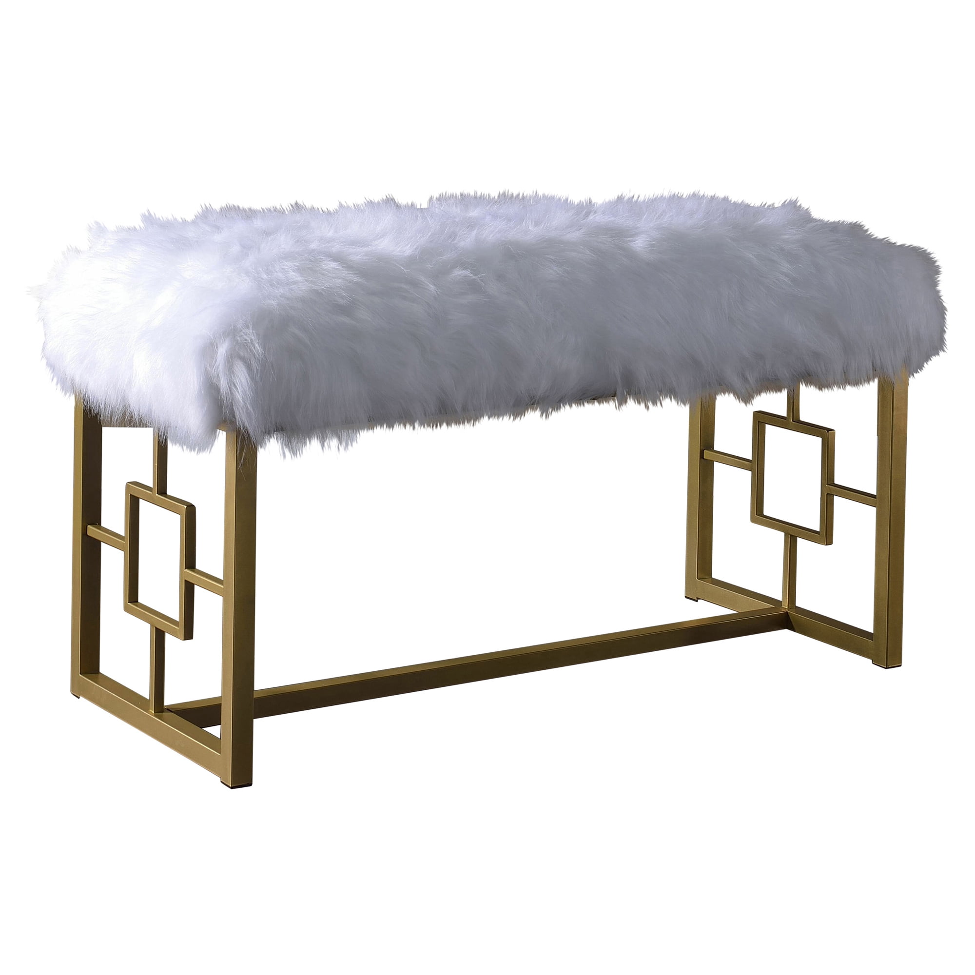 White Faux Fur Gold Metal Base Bench