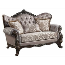 ACME Benbek Fabric Loveseat with 3 Pillows in Taupe and Antique Oak