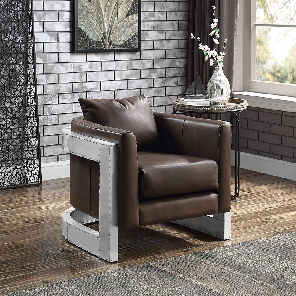 Espresso Brown Leather and Metal Industrial Accent Chair