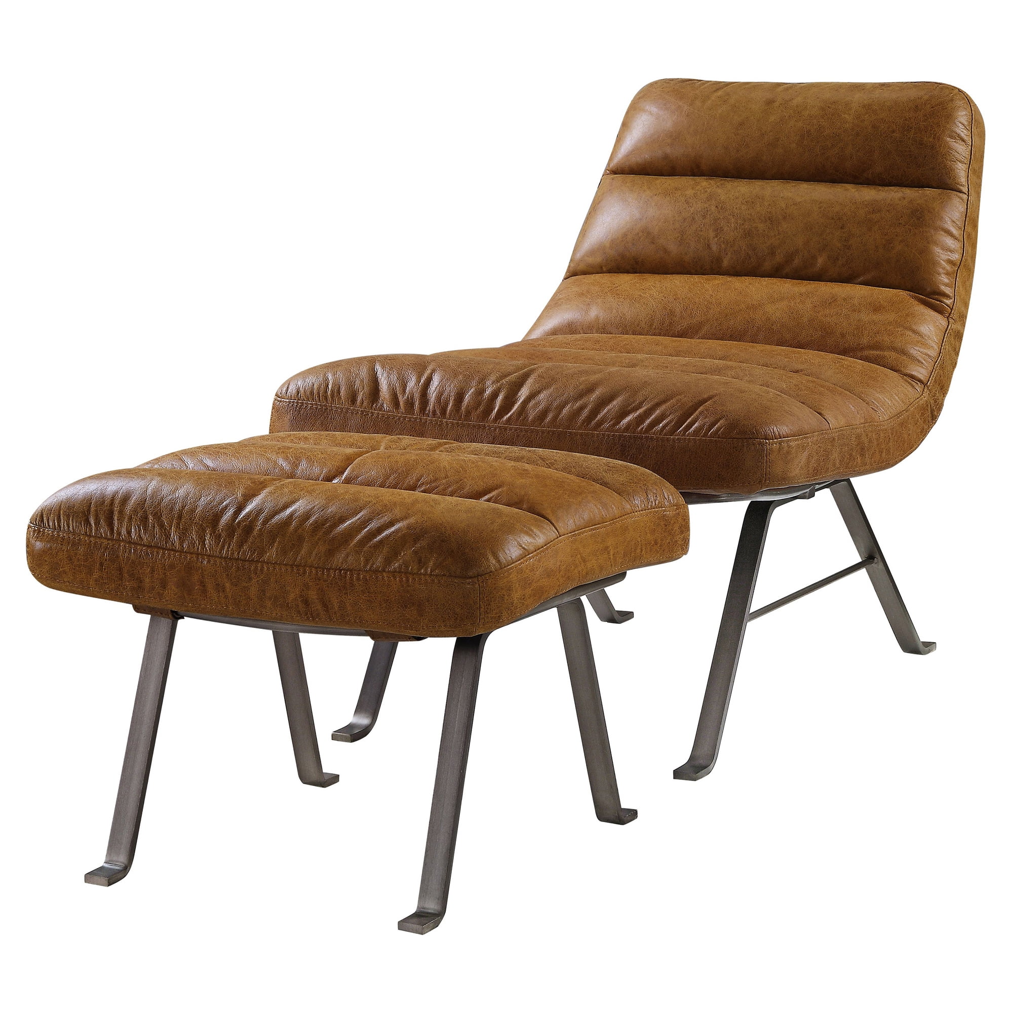 Toffee Top Grain Leather Tufted Ottoman with Metal Legs