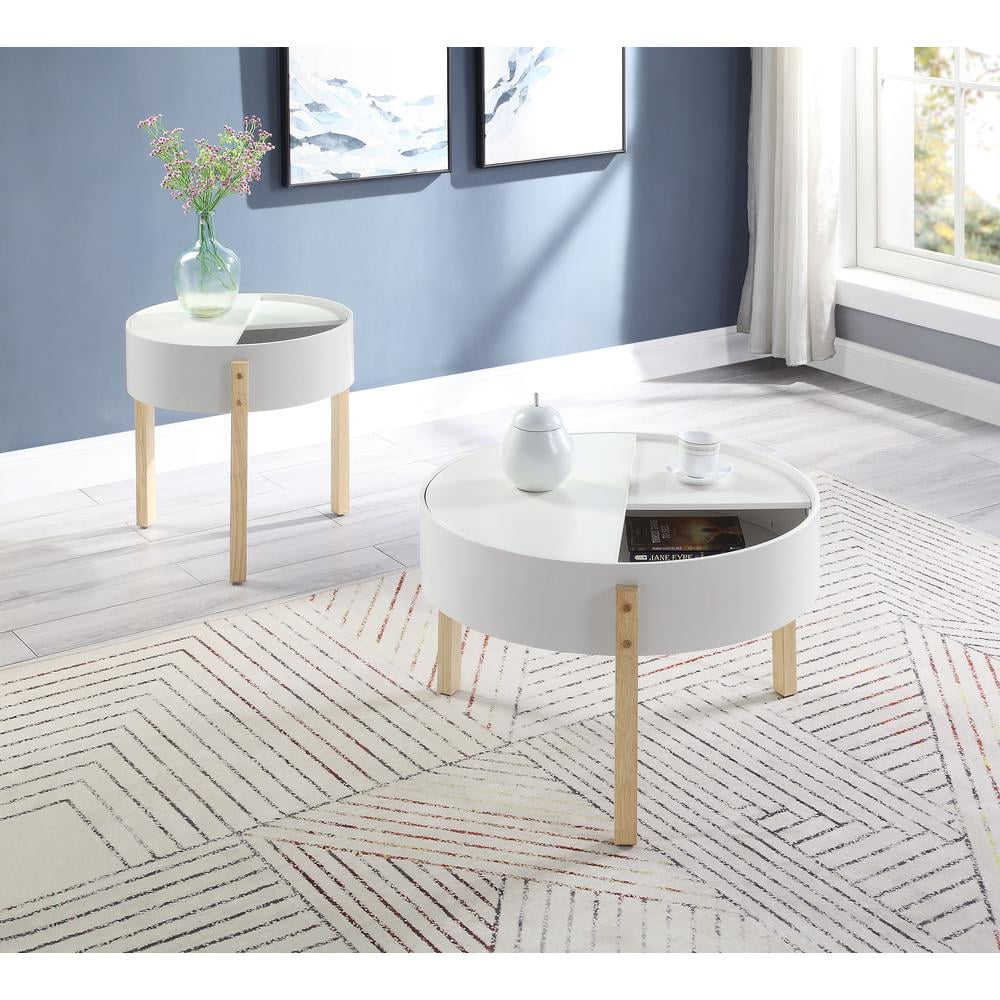 Round White and Natural Wood Coffee Table with Storage