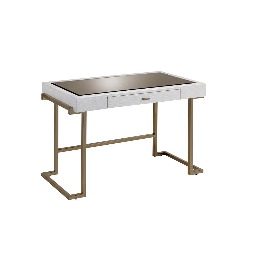Champagne Metal Base Black Glass Writing Desk with Drawer