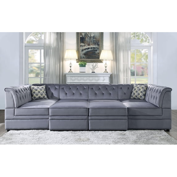 ACME Bois II Velvet Upholstered Button Tufted Wedge Chair in Gray