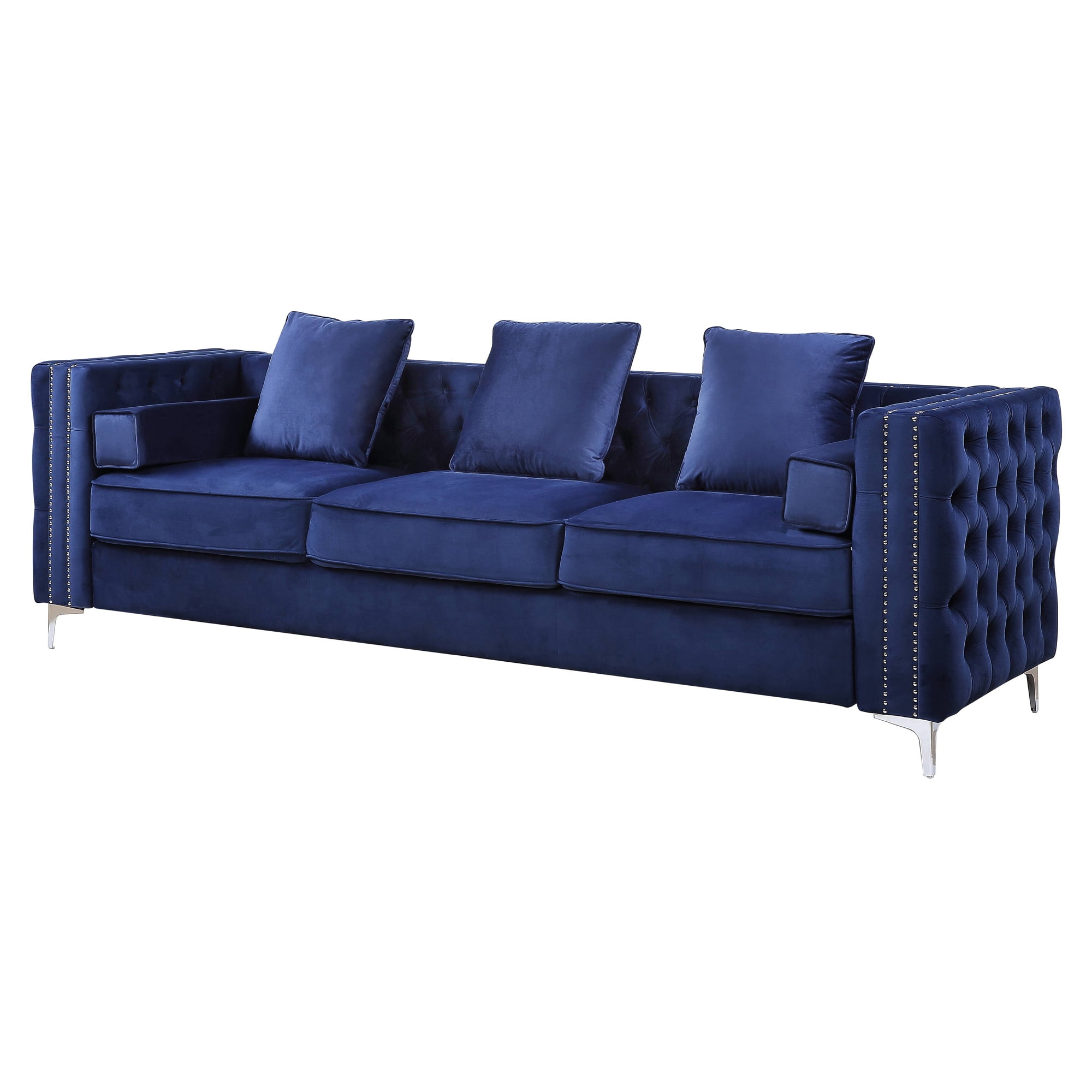 88'' Luxe Blue Velvet Tufted Sofa with Nailhead Trim & Ottoman