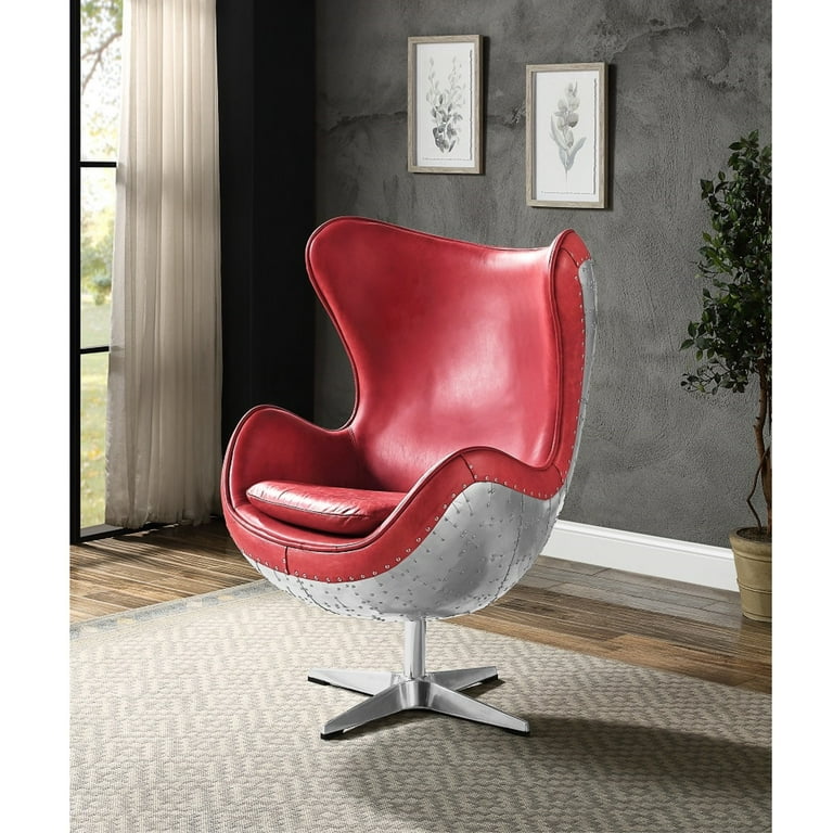 ACME Brancaster Accent Chair W Swivel Red Top Grain Leather Aluminum