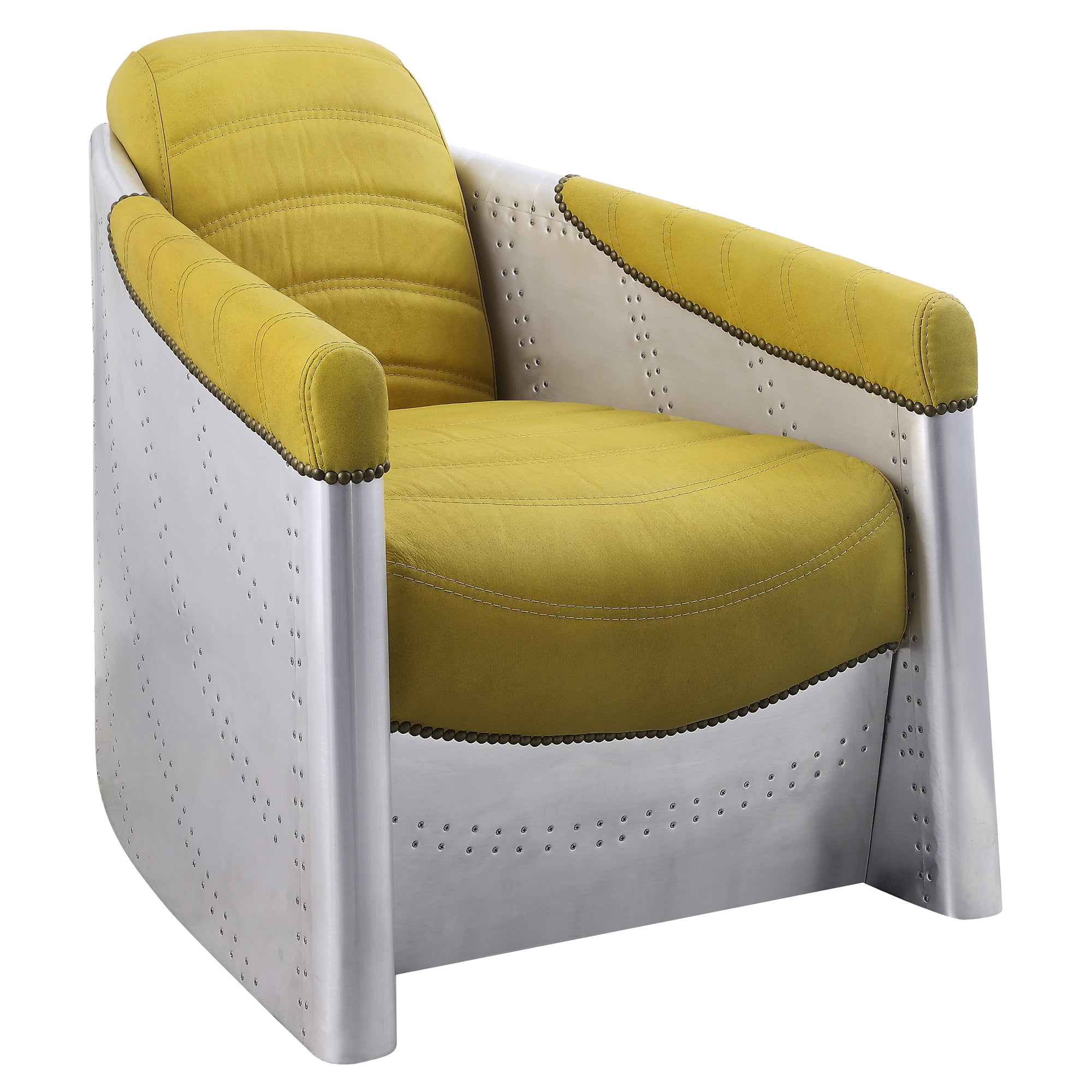 Yellow Top Grain Leather and Aluminum Barrel Accent Chair