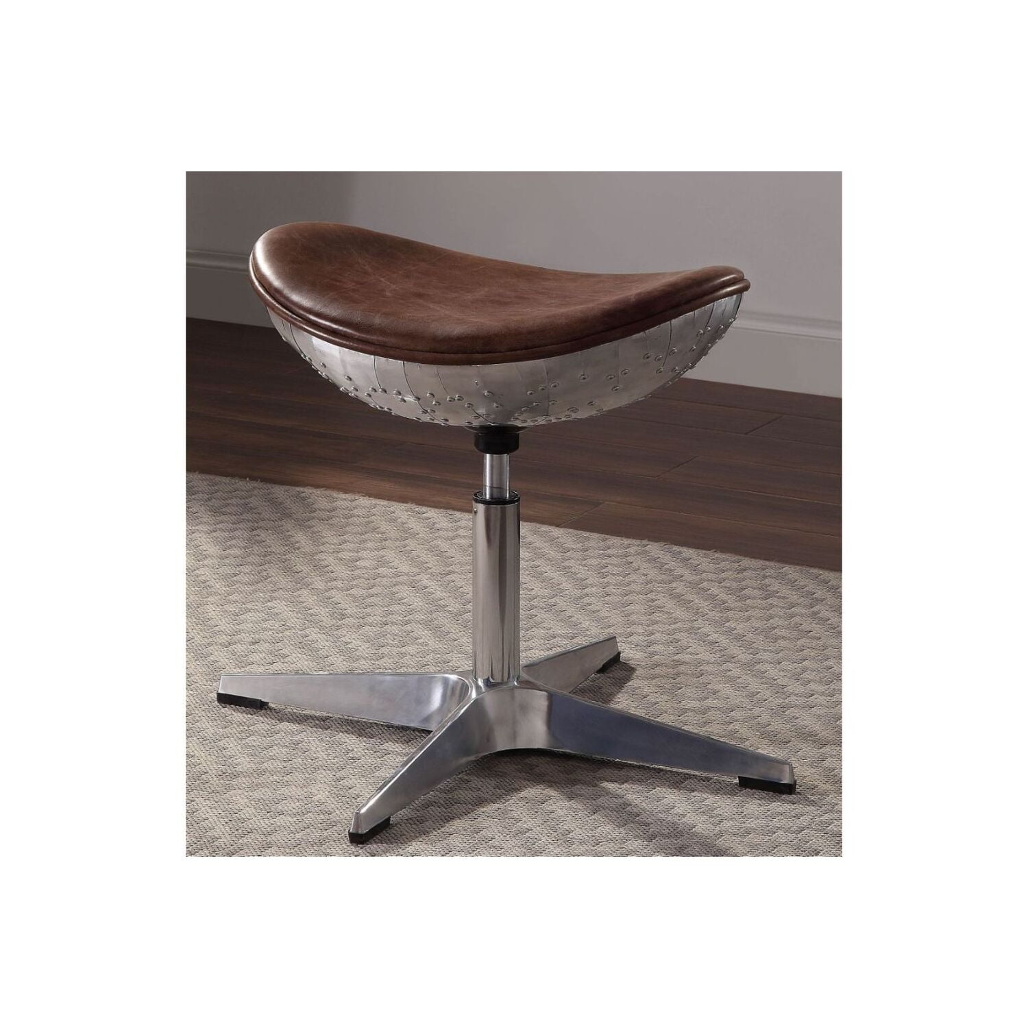 Retro Brown Top Grain Leather & Aluminum Swivel Saddle Stool
