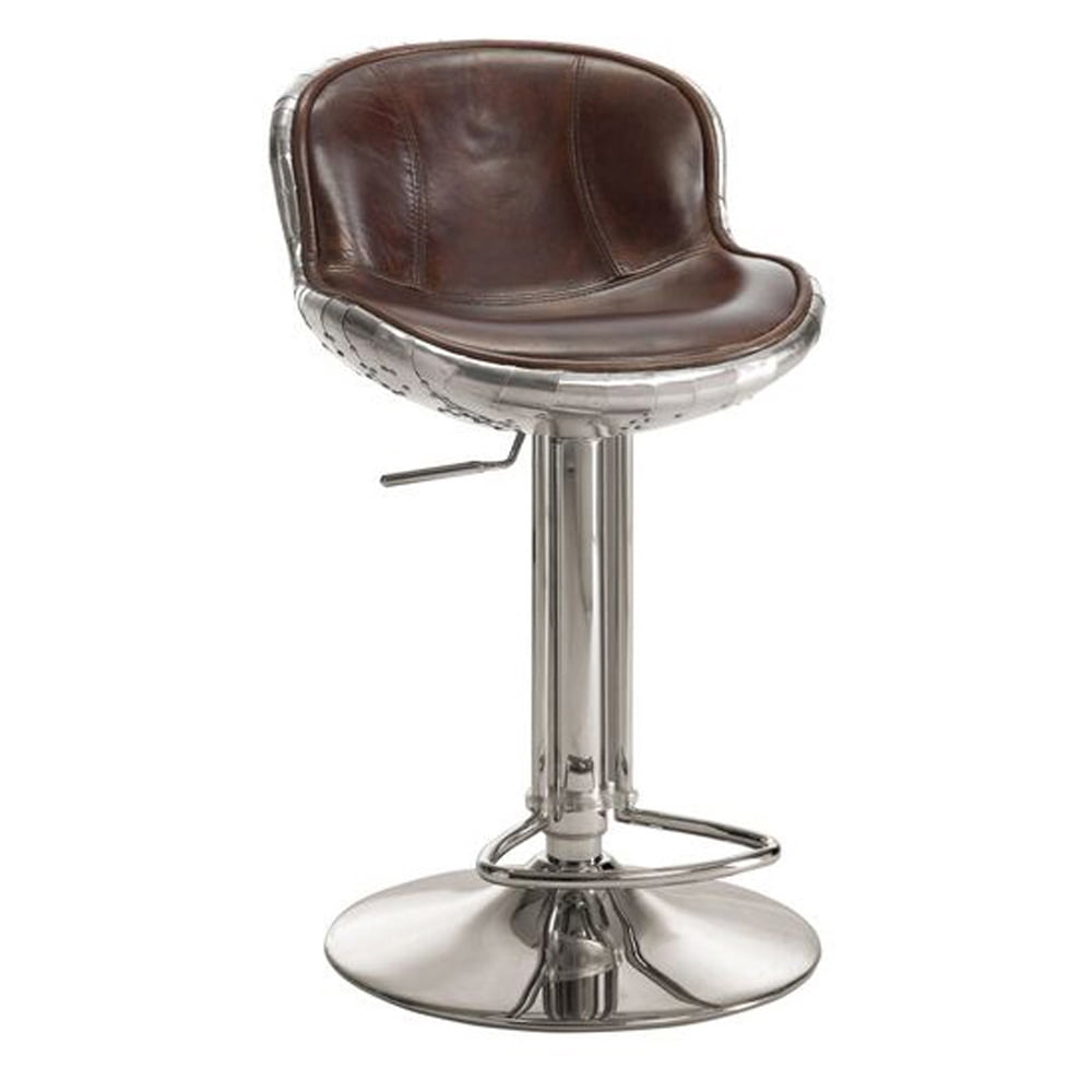 Vintage Brown Leather and Aluminum Adjustable Swivel Bar Stool