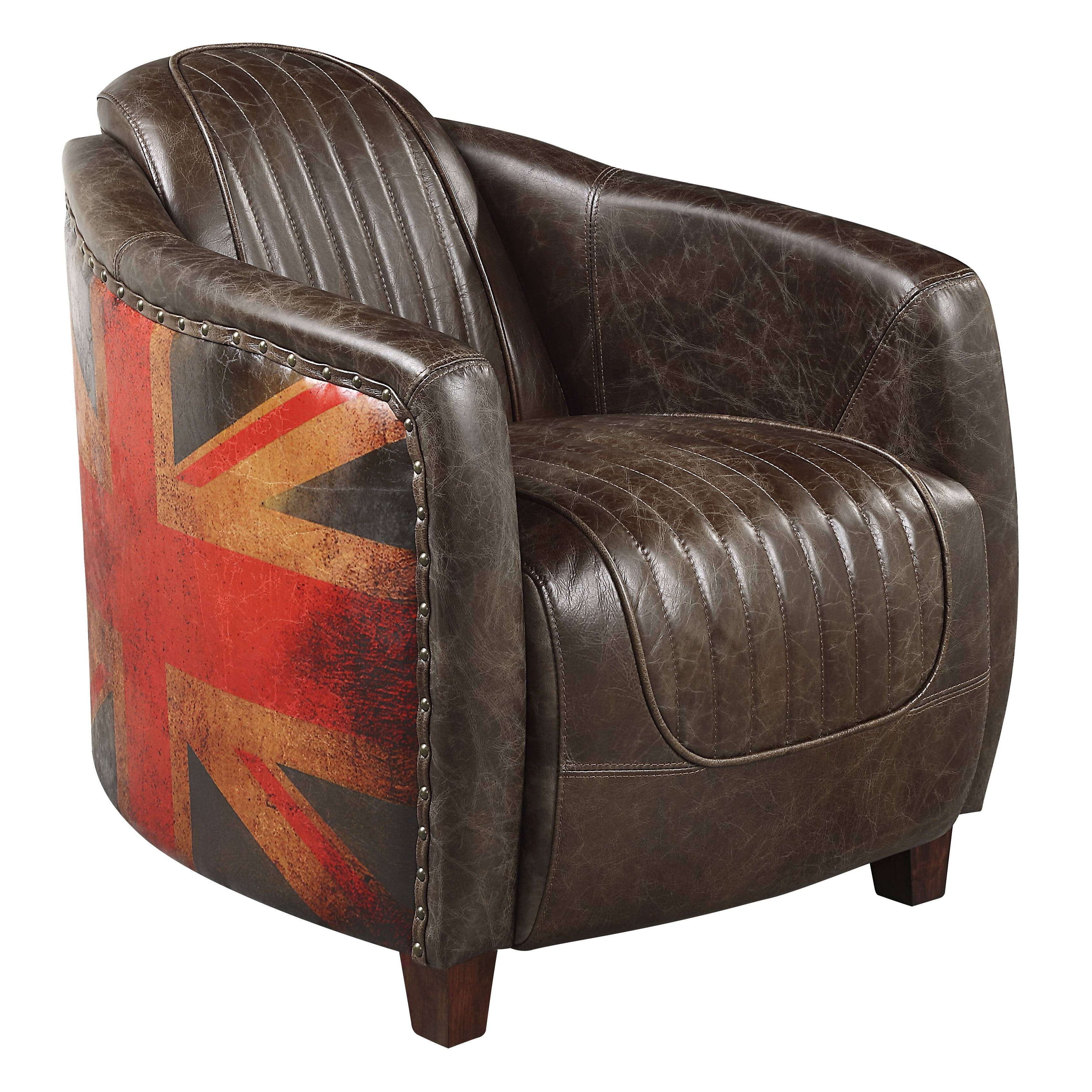 Brancaster Brown Leather Barrel Accent Chair with Union Jack Design