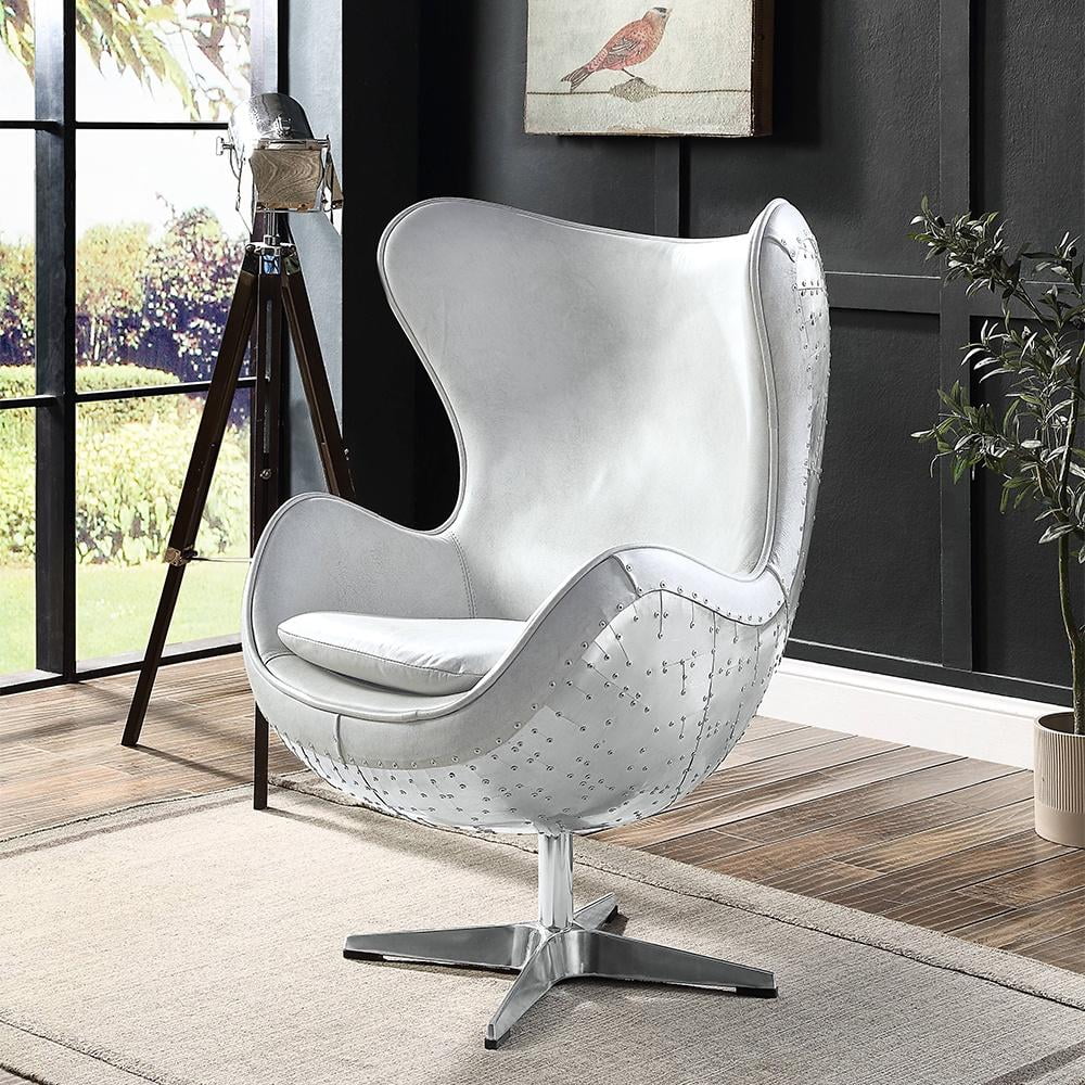 Vintage White Top Grain Leather Swivel Accent Chair with Metal Base