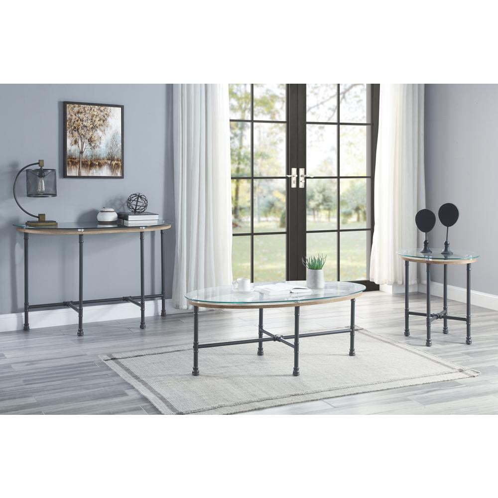 Industrial Oval Glass Top Coffee Table with Metal Frame