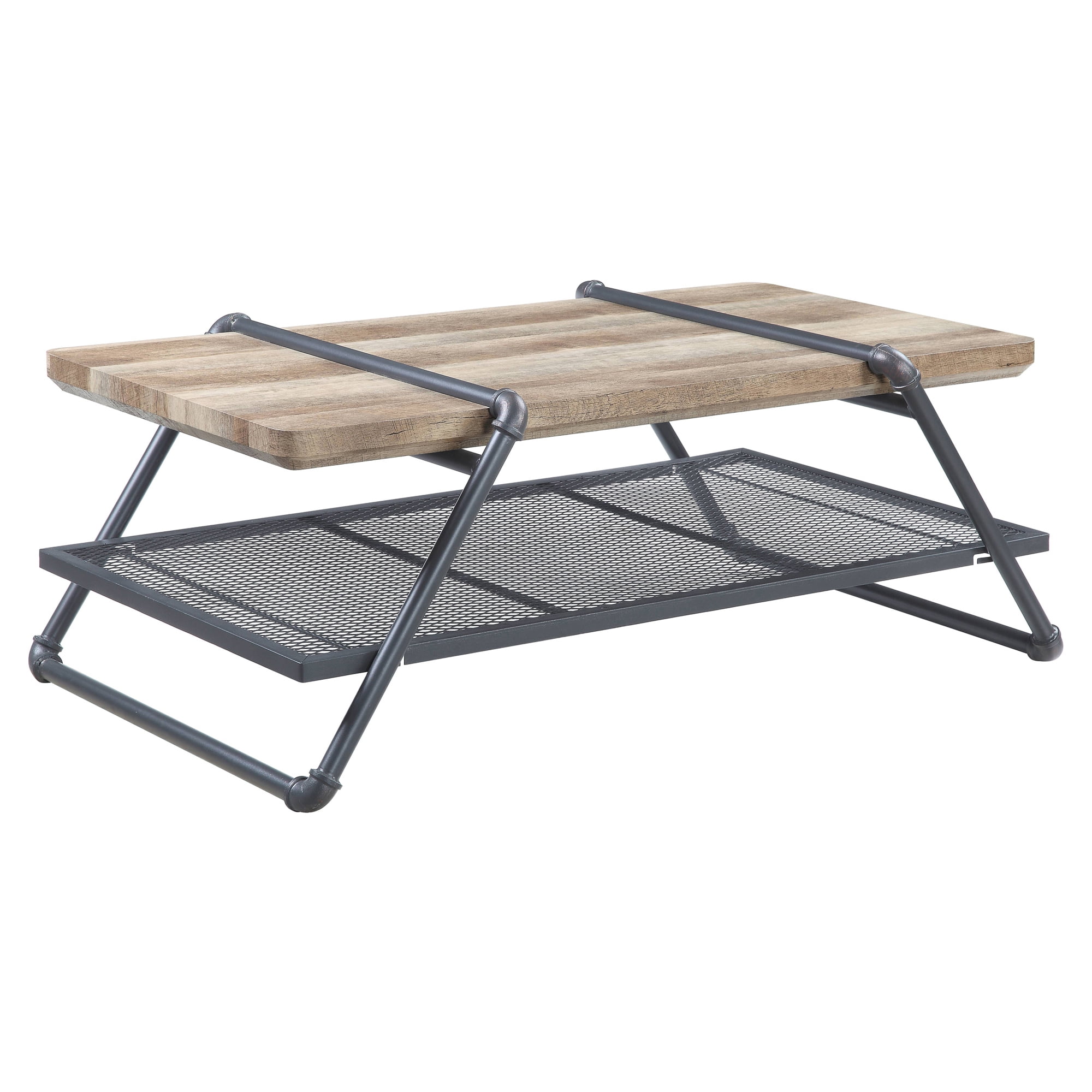 Brantley 47'' Oak and Gray Industrial Coffee Table with Metal Mesh Shelf