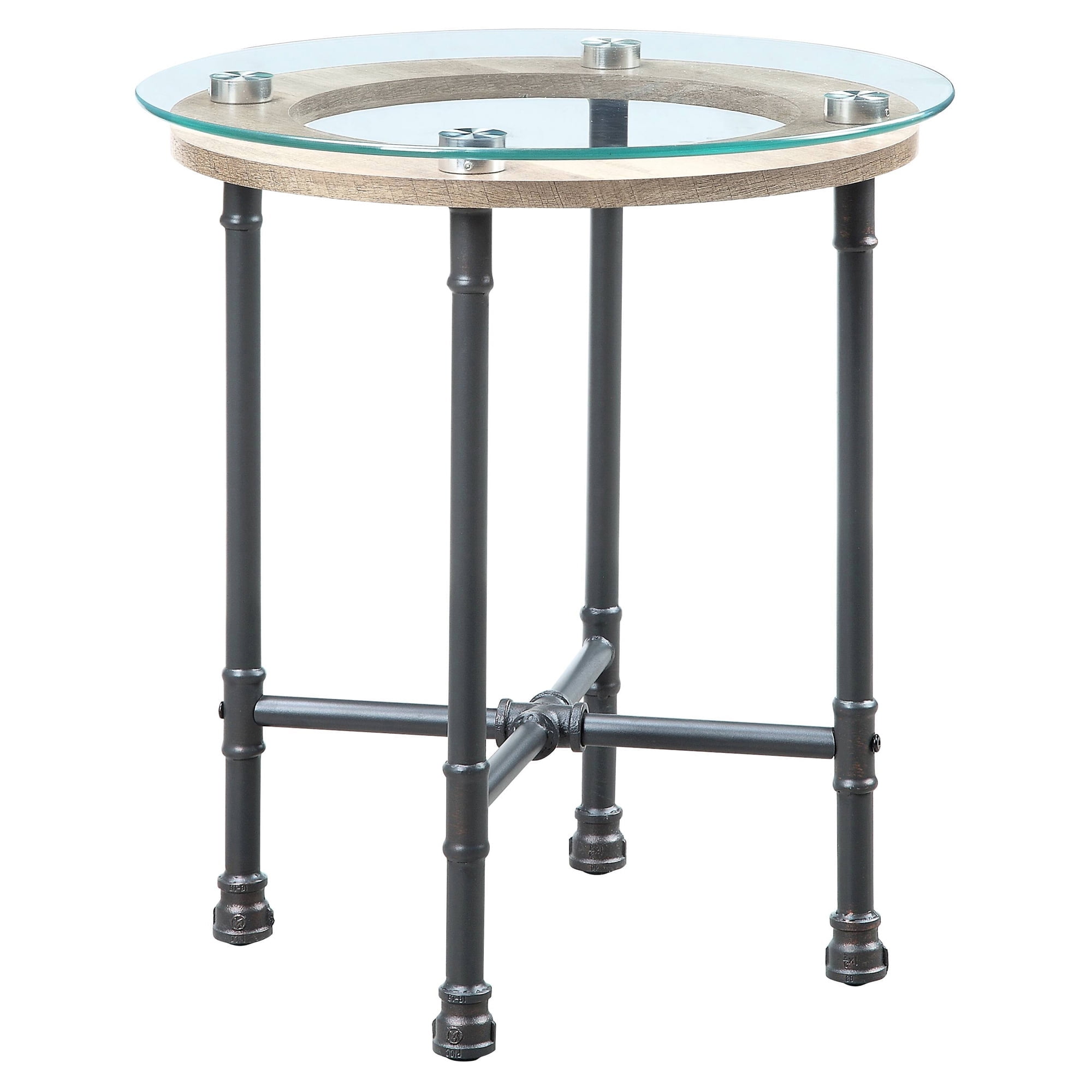 Brantley 22" Industrial Round End Table with Glass Top and Wooden Shelf