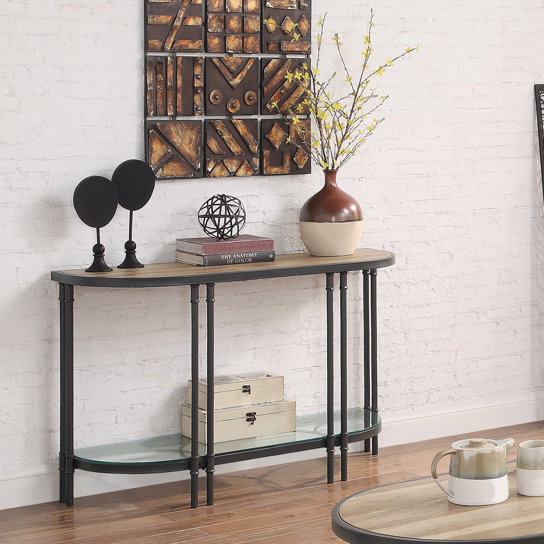 Oak Wood Grain & Sandy Black Metal Demilune Console Table with Glass Shelf