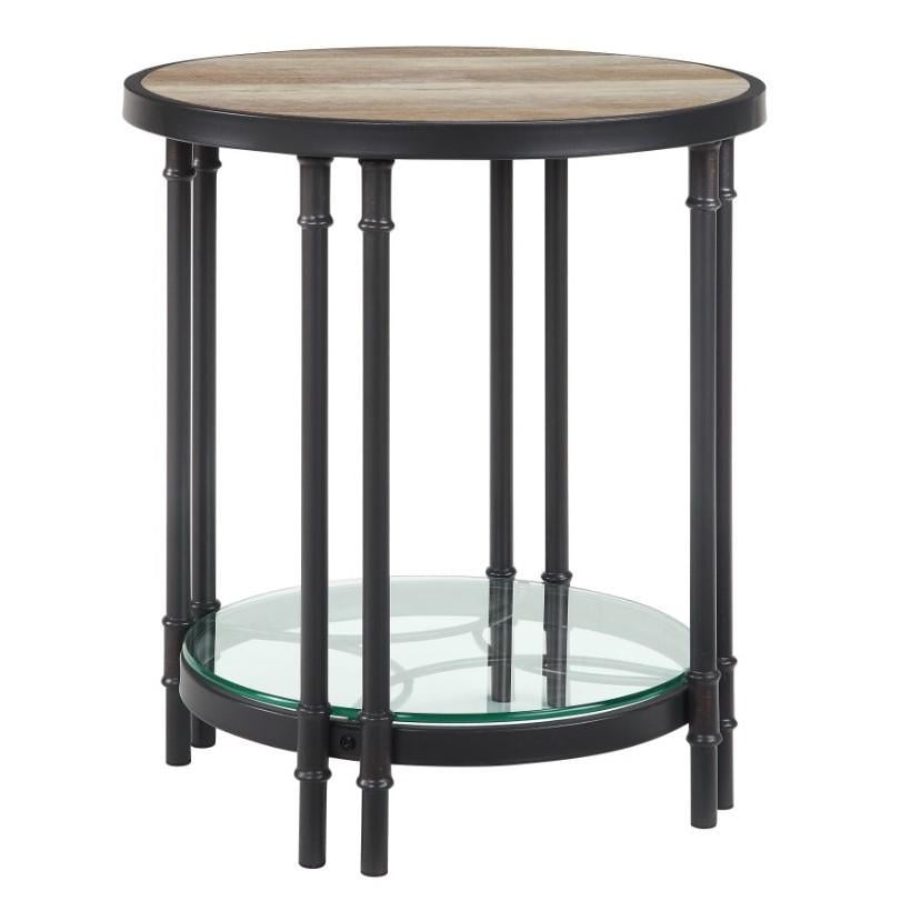 Modern Farmhouse Round Oak & Sandy Black End Table with Glass Shelf