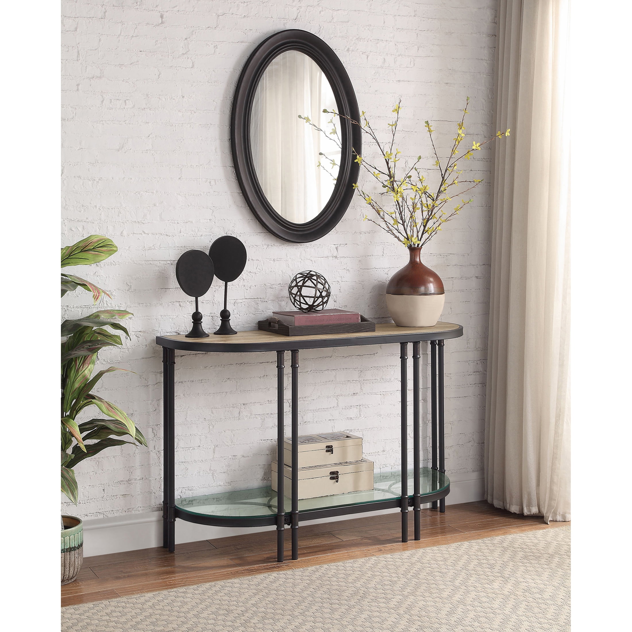 Oak Wood Grain & Sandy Black Metal Demilune Console Table with Glass Shelf