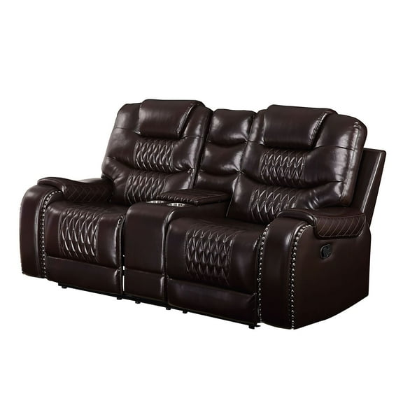 ACME Braylon Faux Leather Tufted Reclining Loveseat with Console in Brown