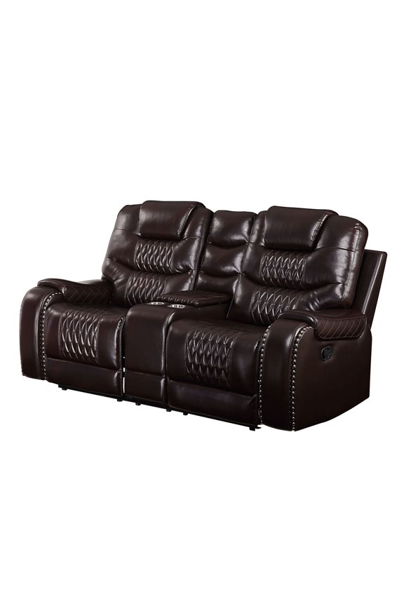 ACME Braylon Faux Leather Tufted Reclining Loveseat with Console in Brown