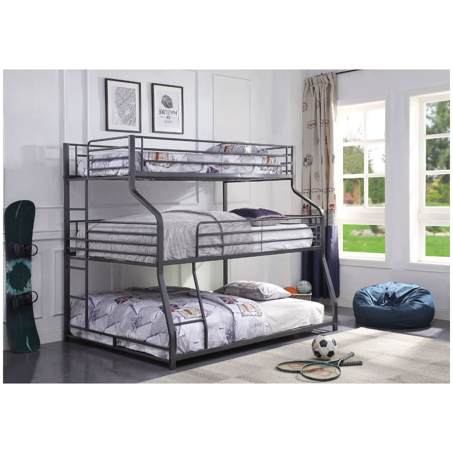 ACME Caius II Triple Bunk Bed Twin/Full/Queen, Gunmetal (1Set/2Ctn
