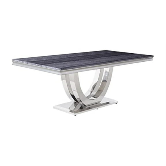 ACME Cambrie Dining Table in Faux Marble and Mirrored Silver Finish